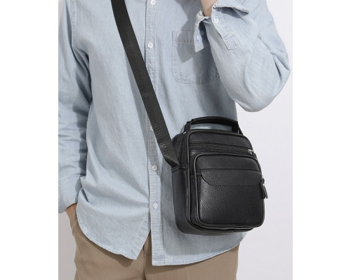 Мужская кожаная сумка планшет 17х21х9, барсетка через плечо с ручкой черная 86802