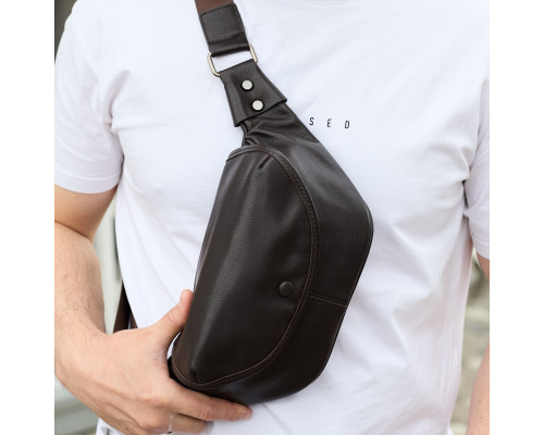Мужской кожаный нагрудной рюкзак для телефона 14х29х8, сумка бананка для города и отдыха 70101 черная