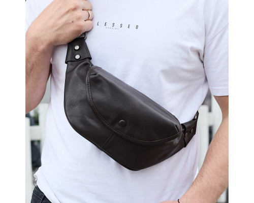 Мужской кожаный нагрудной рюкзак для телефона 14х29х8, сумка бананка для города и отдыха 70101 черная