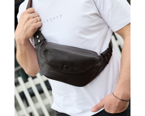 Мужской кожаный нагрудной рюкзак для телефона 14х29х8, сумка бананка для города и отдыха 70101 черная
