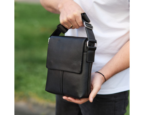 Кожаная мужская сумка-месенджер 21х23х5.5, сумочка планшет через плечо Tiding Bag 48450 черная