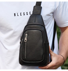 Сумка-слинг мужская через плече 19х31х7, нагрудная сумочка рюкзак из натуральной кожи TIDING BAG 32545 черная