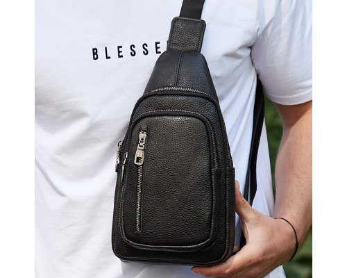 Сумка-слинг мужская через плече 19х31х7, нагрудная сумочка рюкзак из натуральной кожи TIDING BAG 32545 черная