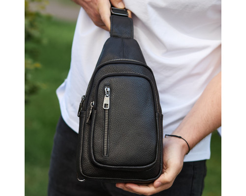 Сумка-слинг мужская через плече 19х31х7, нагрудная сумочка рюкзак из натуральной кожи TIDING BAG 32545 черная