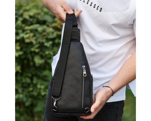 Сумка-слинг мужская через плече 19х31х7, нагрудная сумочка рюкзак из натуральной кожи TIDING BAG 32545 черная
