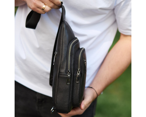 Сумка-слинг мужская через плече 19х31х7, нагрудная сумочка рюкзак из натуральной кожи TIDING BAG 32545 черная