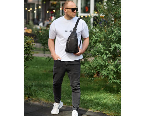 Сумка-слинг мужская через плече 19х31х7, нагрудная сумочка рюкзак из натуральной кожи TIDING BAG 32545 черная