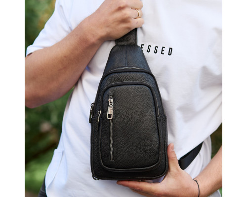 Сумка-слинг мужская через плече 19х31х7, нагрудная сумочка рюкзак из натуральной кожи TIDING BAG 32545 черная