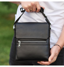 Кожаная мужская сумка-месенджер 21х23х5.5, сумочка кросс боди через плечо черная Tiding Bag 56230