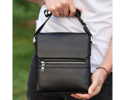 Кожаная мужская сумка-месенджер 21х23х5.5, сумочка кросс боди через плечо черная Tiding Bag 56230