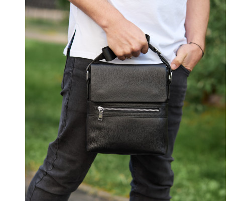 Кожаная мужская сумка-месенджер 21х23х5.5, сумочка кросс боди через плечо черная Tiding Bag 56230