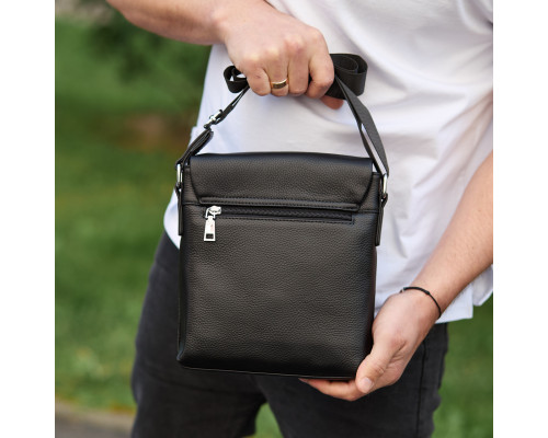 Кожаная мужская сумка-месенджер 21х23х5.5, сумочка кросс боди через плечо черная Tiding Bag 56230