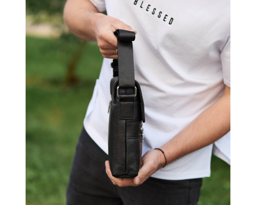 Кожаная мужская сумка-месенджер 21х23х5.5, сумочка кросс боди через плечо черная Tiding Bag 56230