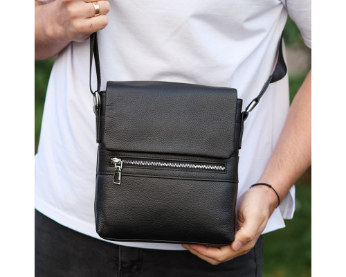 Кожаная мужская сумка-месенджер 21х23х5.5, сумочка кросс боди через плечо черная Tiding Bag 56230