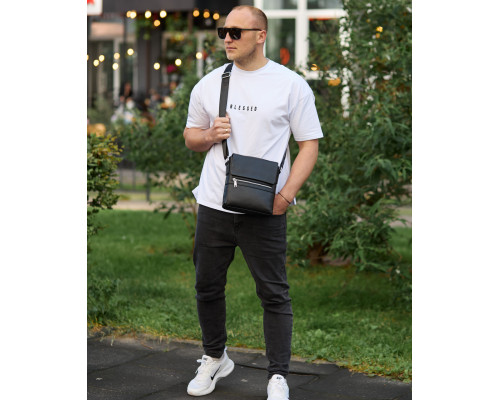 Кожаная мужская сумка-месенджер 21х23х5.5, сумочка кросс боди через плечо черная Tiding Bag 56230