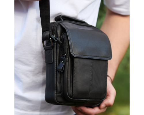 Сумка-барсетка мужская через плечо 22х18х8, мессенджер кожаный гладкий Tiding Bag TD-55467 черный цвет