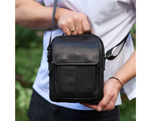 Сумка-барсетка мужская через плечо 22х18х8, мессенджер кожаный гладкий Tiding Bag TD-55467 черный цвет
