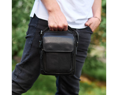Сумка-барсетка мужская через плечо 22х18х8, мессенджер кожаный гладкий Tiding Bag TD-55467 черный цвет