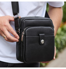 Мужская кожаная универсальная сумка 24х20х8, барсетка из кожи, сумочка для мужчин с регулировкой ручки, черная