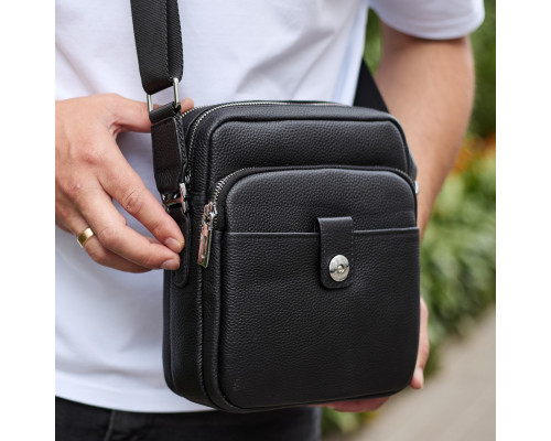 Мужская кожаная универсальная сумка 24х20х8, барсетка из кожи, сумочка для мужчин с регулировкой ручки, черная