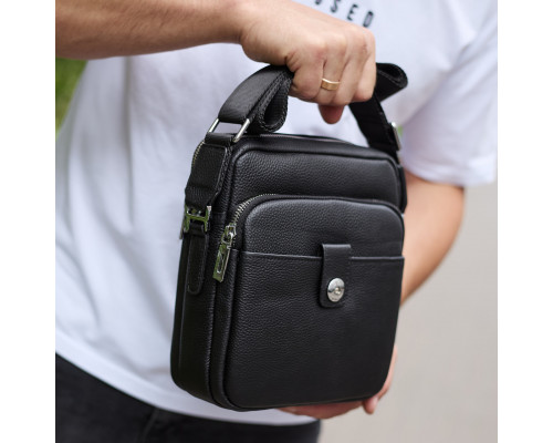 Мужская кожаная универсальная сумка 24х20х8, барсетка из кожи, сумочка для мужчин с регулировкой ручки, черная