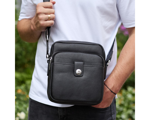 Мужская кожаная универсальная сумка 24х20х8, барсетка из кожи, сумочка для мужчин с регулировкой ручки, черная