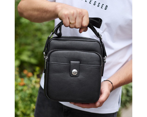 Мужская кожаная универсальная сумка 24х20х8, барсетка из кожи, сумочка для мужчин с регулировкой ручки, черная