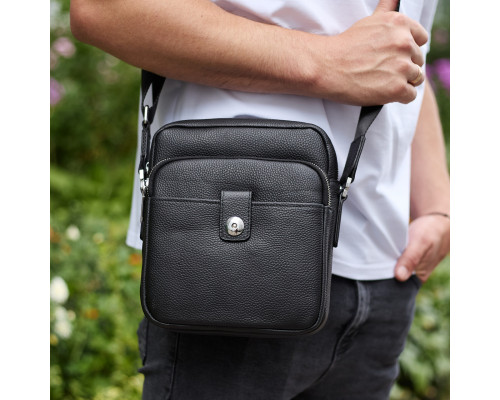 Мужская кожаная универсальная сумка 24х20х8, барсетка из кожи, сумочка для мужчин с регулировкой ручки, черная