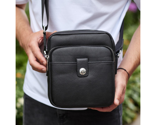Мужская кожаная универсальная сумка 24х20х8, барсетка из кожи, сумочка для мужчин с регулировкой ручки, черная