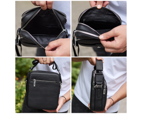 Мужская кожаная универсальная сумка 24х20х8, барсетка из кожи, сумочка для мужчин с регулировкой ручки, черная