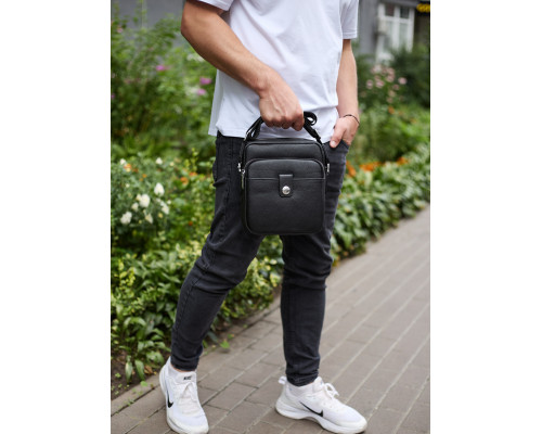Мужская кожаная универсальная сумка 24х20х8, барсетка из кожи, сумочка для мужчин с регулировкой ручки, черная