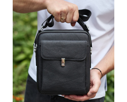 Сумка-барсетка мужская кожаная 24х20х8, компактный мессенджер для ежедневного использования, черная