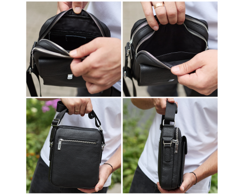 Сумка-барсетка мужская кожаная 24х20х8, компактный мессенджер для ежедневного использования, черная