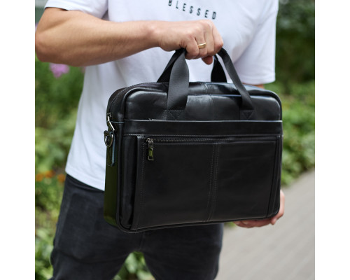 Кожаная мужская сумка-портфель 38х28х8, сумочка для работы и ежедневных дел, мужской шопер, черная