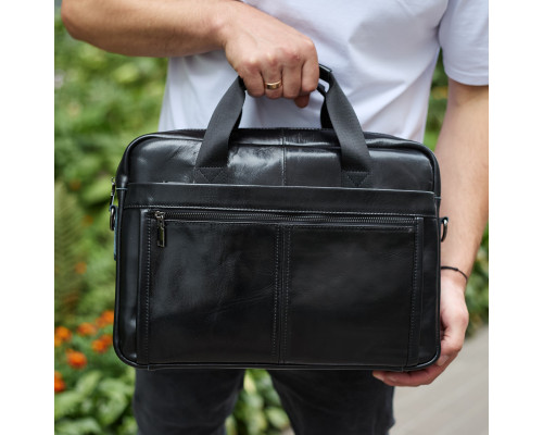 Кожаная мужская сумка-портфель 38х28х8, сумочка для работы и ежедневных дел, мужской шопер, черная