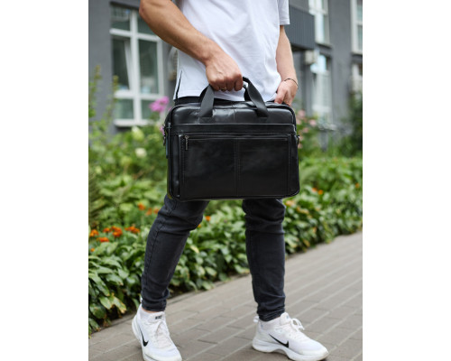 Кожаная мужская сумка-портфель 38х28х8, сумочка для работы и ежедневных дел, мужской шопер, черная