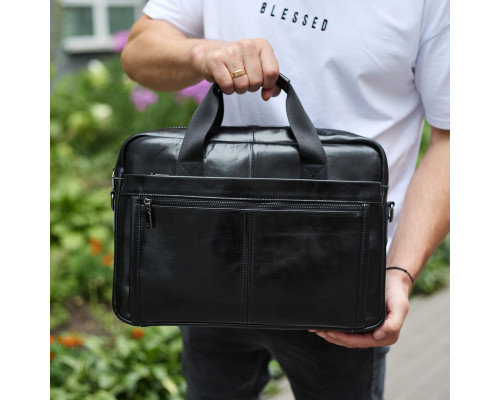 Кожаная мужская сумка-портфель 38х28х8, сумочка для работы и ежедневных дел, мужской шопер, черная