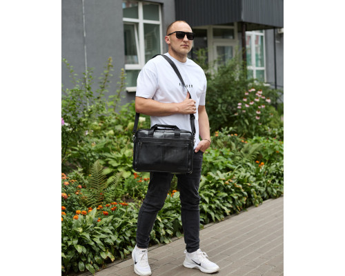 Кожаная мужская сумка-портфель 38х28х8, сумочка для работы и ежедневных дел, мужской шопер, черная