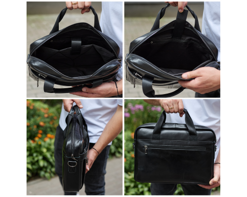 Кожаная мужская сумка-портфель 38х28х8, сумочка для работы и ежедневных дел, мужской шопер, черная