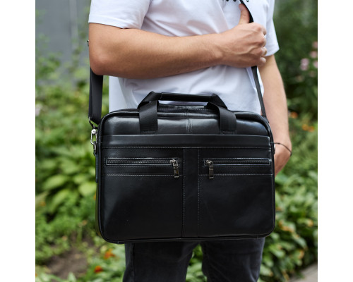 Мужской портфель для ноутбука 38х28х8, офисная кожаная сумочка, городская мужская деловая сумка, черная