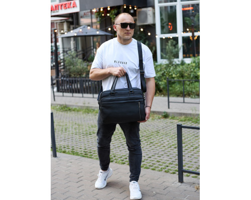 Офисная мужская сумка через плечо 39х29х10, кожаный портфель-мессенджер для бизнеса, черный