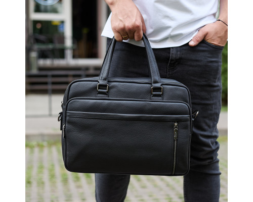 Офисная мужская сумка через плечо 39х29х10, кожаный портфель-мессенджер для бизнеса, черный