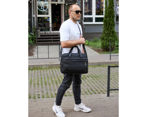 Офисная мужская сумка через плечо 39х29х10, кожаный портфель-мессенджер для бизнеса, черный