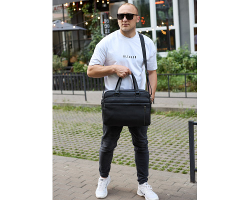 Офисная мужская сумка через плечо 39х29х10, кожаный портфель-мессенджер для бизнеса, черный