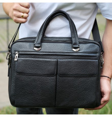 Сумка мужская офисная через плечо 39х29х10, практичный кожаный портфель для бизнеса, черный