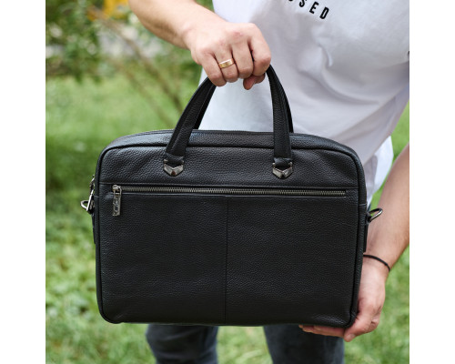 Сумка мужская офисная через плечо 39х29х10, практичный кожаный портфель для бизнеса, черный
