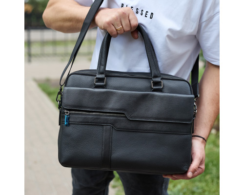 Мужская деловая сумка из кожи 39х29х10, классический портфель для ноутбука и офиса, черный