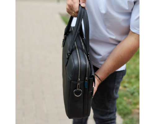 Мужская деловая сумка из кожи 39х29х10, классический портфель для ноутбука и офиса, черный