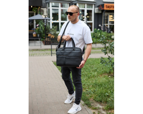 Мужская деловая сумка из кожи 39х29х10, классический портфель для ноутбука и офиса, черный