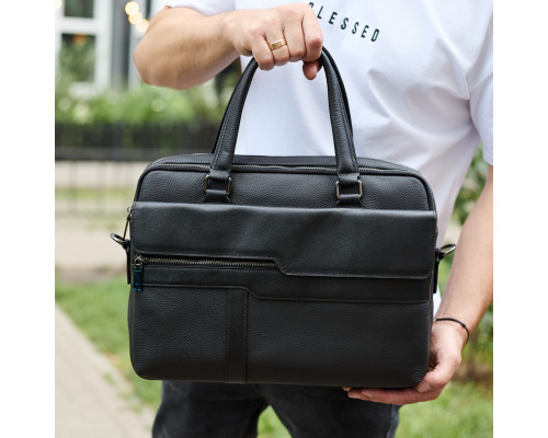 Мужская деловая сумка из кожи 39х29х10, классический портфель для ноутбука и офиса, черный